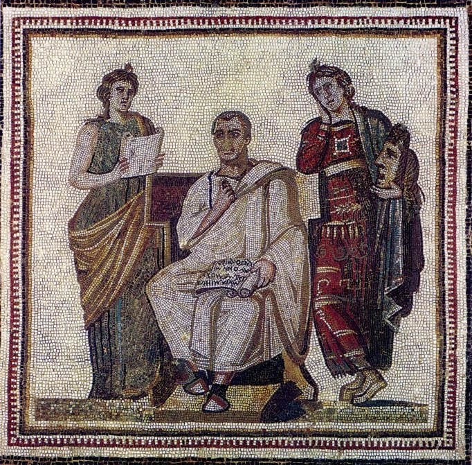 Publius Vergilius Maro zwischen den Musen der Geschichtsschreibung (Klio) und der Tragdiendichtung (Melpomene), aus Sousse